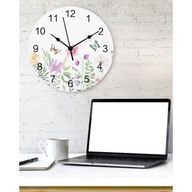 Wildflower Butterfly PVC Wall Clock Silent Non-Ticking Battery Operated Clocks, Spring Floral Round Clock for Home Living Room Office School Kitchen Bedroom Bathroom Wall Decor 10 Inch Summer Flowers