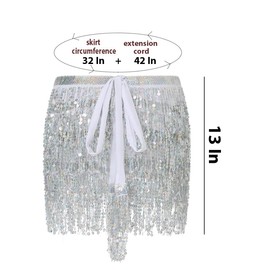 Sequin Fringe Belly Dance Hip Rave Party Costume Sparkle Skirt with Heart Sunglasses for Women and Girls, White, 33 Short