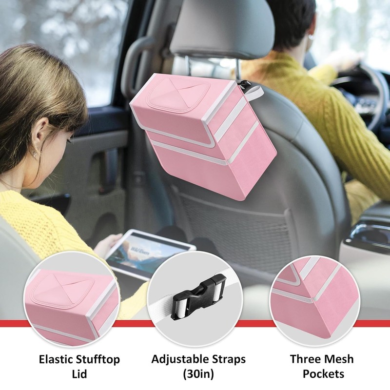 Simple Deluxe Car Trash Can with Lid and Storage Pockets,