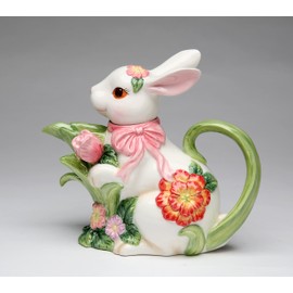 Cosmos Gifts 10445 Fine Ceramic Springtime Bunny Rabbit with Pink Tulip & Flowers Design Teapot, 7-5/8" L