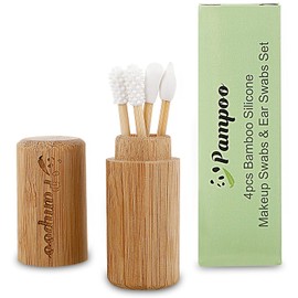 Pampoo 4PCS Plastic Free Reusable Qtips with Bamboo Carrying Case丨Reusable Cotton Swab Qtip Zero Waste Packaging丨Strengthen Thick Bamboo Stick丨Eco Friendly Bamboo Qtips Sustainable Set