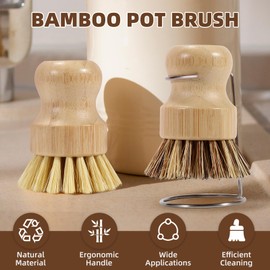SAMEBUTECO 6-Piece Bamboo Dish Brush Set with 2X Fast-Dry Stainless Steel Holder,3xNatural Sisal Bristle Brush & 1xPalm Bristle Kitchen Cleaning Brushes for Dishes, Pots, Pans & Sink