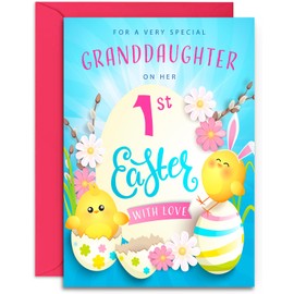 Granddaughter 1st Easter Card - Cute Chicks Design, A5 Size with Pink Envelope