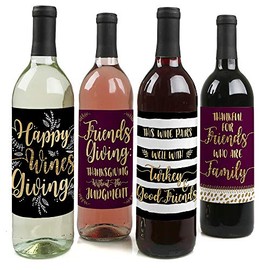 Big Dot of Happiness Elegant Thankful for Friends - Friendsgiving Thanksgiving Party Decorations for Women and Men - Wine Bottle Label Stickers - Set of 4