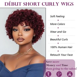 DÉBUT Short Curly Glueless Wigs 100% Human Hair Afro Curly Wigs with Bangs for Women Loose Curls Wear&Go Non Lace Front Wig (99J)