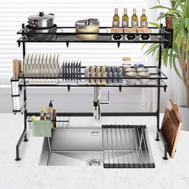 Over The Sink Dish Drying Rack, 2-Tier Multifunctional Over The Sink Dish Rack, Large Storage Space Kitchen Dish Drying Rack for Storing Seasonings, Dishes, Chopsticks, Cutting Boards (32.3in)