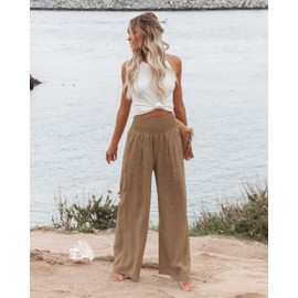 Angerella Women's Elastic High Waisted Wide Leg Palazzo Pants Spring Summer Loose Pants Casual Daily Work Trousers Pants Camel S