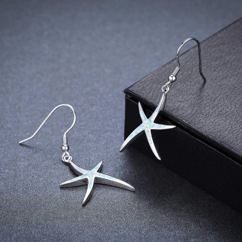 Starfish Earrings 925 Sterling Silver with Opal Fish Hoop Earrings