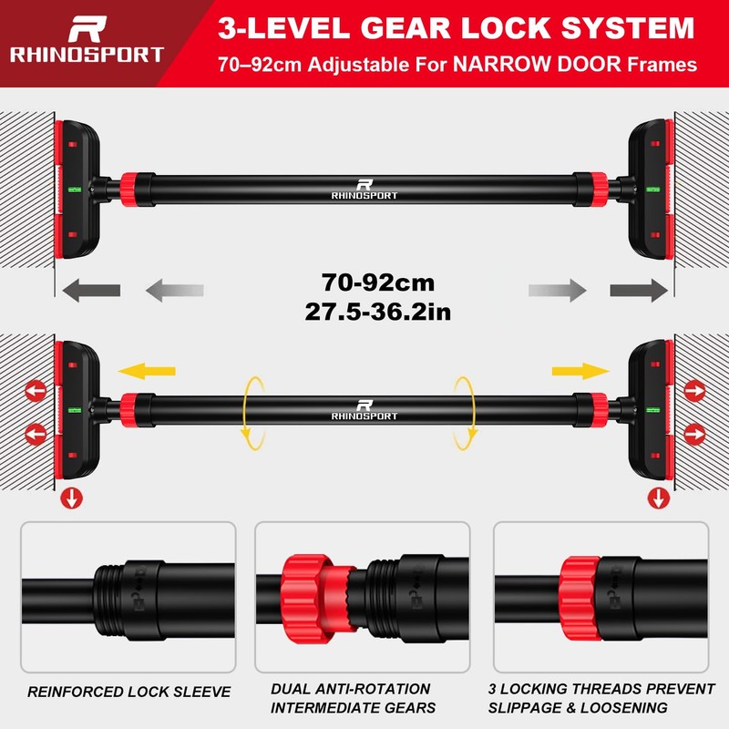 RHINOSPORT Door Pull Up Bar 70-92cm No-Screw Home Gym