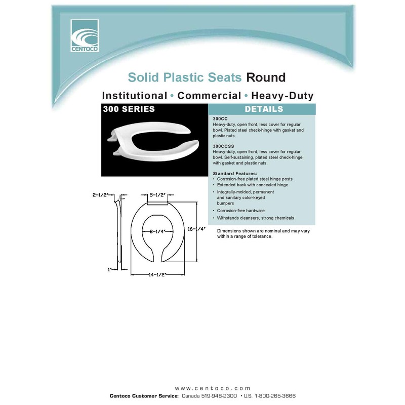 Centoco 300CC-001 Heavy Duty Plastic Toilet Seat for Round Bowl,