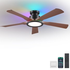 Ceiling Fans with Lights and Remote/APP Control, 52" Low Profile Flush Mount Ceiling Fan with RGB Ring Light & Dimmable, 5 Reversible Curved Blades 3 CCT 6 Speeds for Bedroom Living Room Party, Brown
