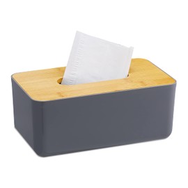 Relaxdays Tissue Box, Refillable, Bathroom, Napkin Dispenser, Bamboo Lid, Plastic, 10 x 23 x 13 cm, Grey/Natural