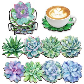 clothmile 8 PCS Green Plant Diamond Art Coasters Green Plant Diamond Painting Coasters Kits with Holder Green Plant DIY Coasters Coasters for Beginners, Adults, Kids, Diamond Art Crafts Supplies