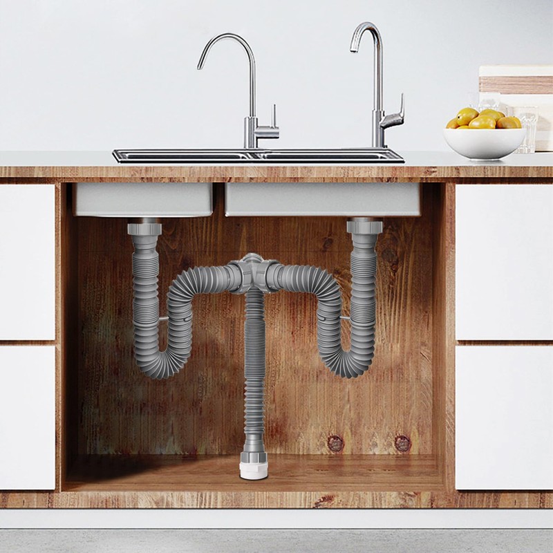 Cinsda Double Sink Drain Kit, Flexible Sink Drain Pipe 1-1/2