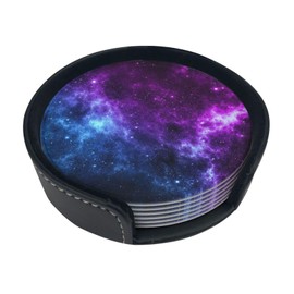 Cool Space Galaxy Blue Purple Planet Star Coasters for Drinks Round Leather Coaster with Holder Set of 6 for Tabletop Protection Desk Accessories Office Home Room Decor