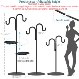 Upgraded 74" Shepherd's Hook Stand plant，Bird Feeder，Wind Chime Hanger Stand, Waterproof Metal & Adjustable-Height Standing Pole Holder for Lantern and Wreath, Indoor & Outdoor（2 Placement Racks)