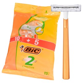 Bic 2 Sensitive 10 + 5 pack (Total 15), Double Blade Razor for Men and Women Peach Fuzz Razor Blades Manual Shaving Sets Facial Hair Remover
