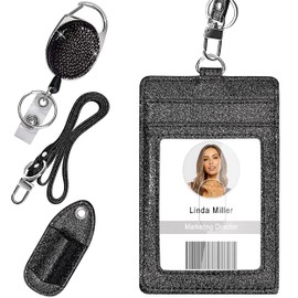 Retractable ID Badge Holder, Multipurpose Bling Rhinestone Badge Reel with Belt Clip Key Ring, Shiny PU Leather Badge Holder with Lanyard and Pen Holder for Nurse, Teacher, Student, Office Worker