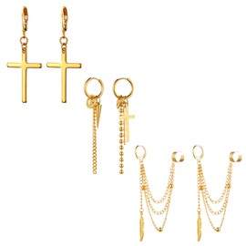 Cupimatch 3 Pairs Hoop Dangle Earrings Stainless Steel Huggie Hinged Chain Feather Cross Pendant Hoop Earrings