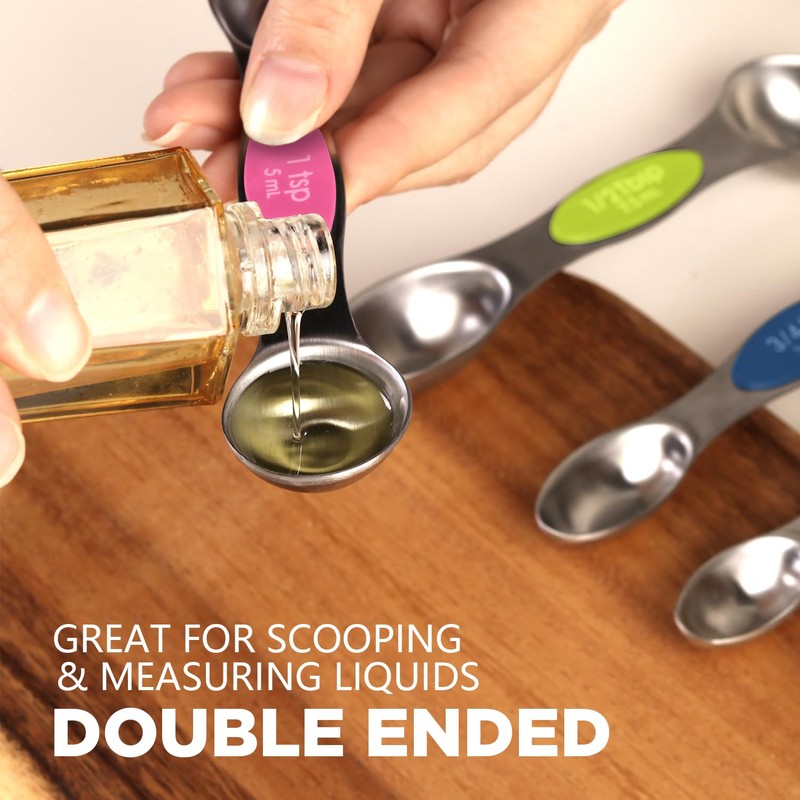 ChefAide Pack of 8 Stainless Steel Magnetic Measuring Spoons Set,