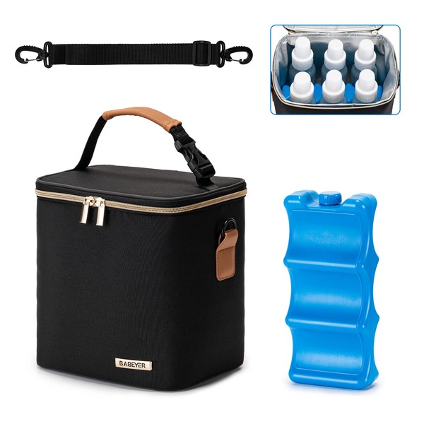 BABEYER Breastmilk Cooler Bag with Ice Pack Included, Baby Bottle Cooler Bag for 6 Large Baby Bottles (up to 270ml), Black
