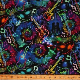 TIMELESS TREASURES Cotton Neon Music Notes & Guitars Musical Instruments Black Cotton Fabric Print by The Yard (MUSIC-CD2978-BLACK)