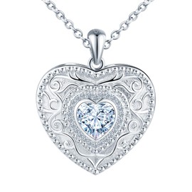 MICYUMI Women's Heart Photo Locket Necklace 925 Sterling Silver Heart Chain Cubic Zirconia Pendant, Silver
