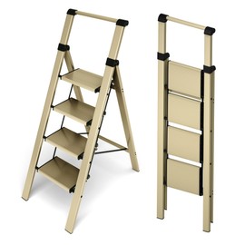 HillhutApex 4 Step Foldable Aluminum Step Ladder with Handgrip, Anti-Slip Pedal, 330 lbs Capacity, Lightweight & Portable for Home, Kitchen, Office, Garage (Gold)