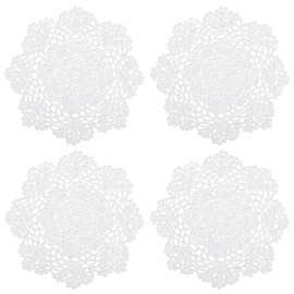 kilofly Crochet Cotton Lace Table Placemats Doilies Value Pack, 4pc, White, Floral, 7 inch