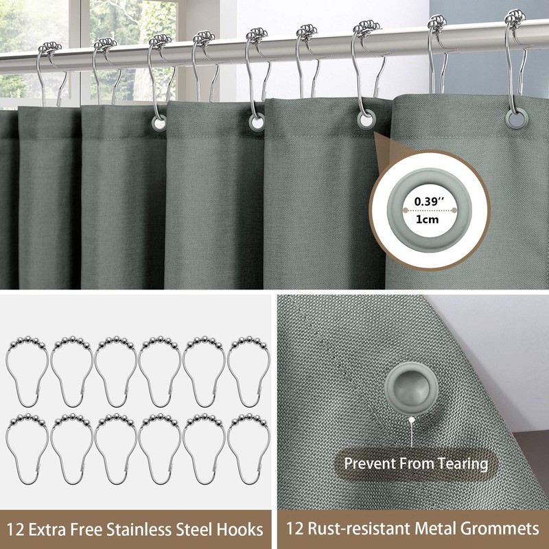 Shower Curtain for Bathroom with Metal Hooks Linen Fabric Shower