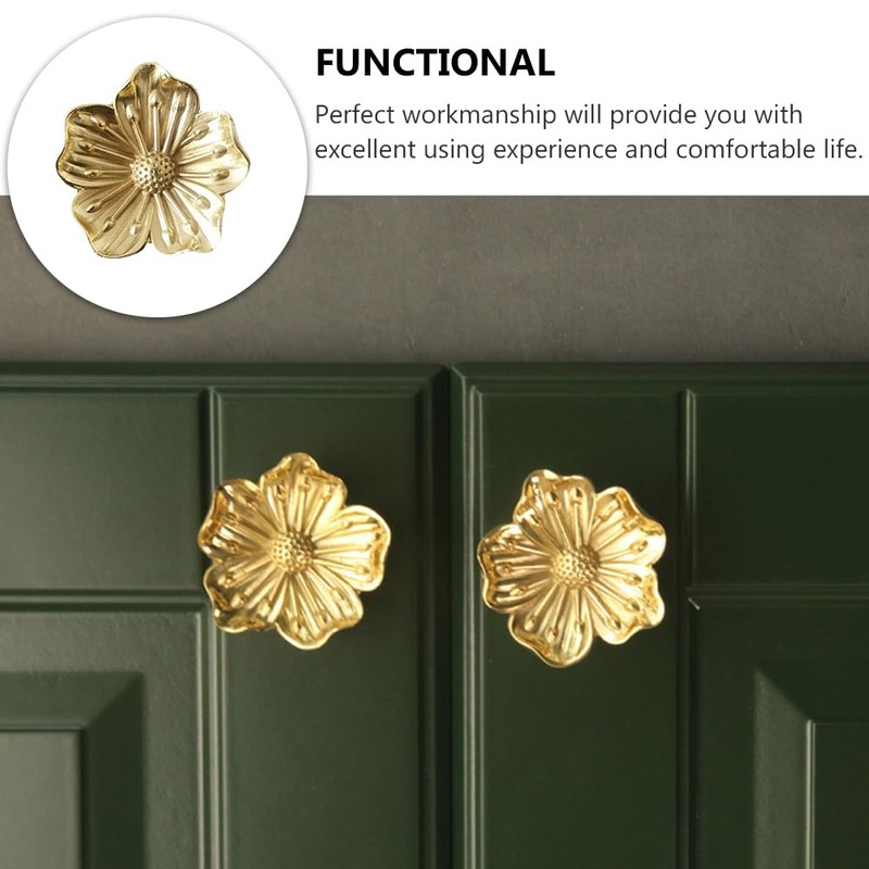 Mikikit 6 Pcs Brass Flower Drawer Knobs, Golden Cabinet Pull