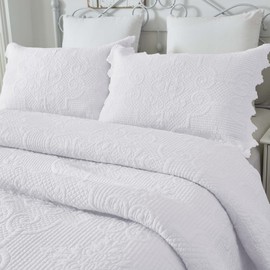 Brandream White Quilt Set King Size Cotton Farmhouse Comforter Set Matelasse Bedding Coverlet Set Scalloped Edge Quilts 3-Piece