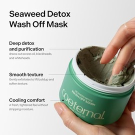 Seaweed Detox Wash Off Mask, Cooling Korean Clay Mask with Bentonite, Kaolin, Glycerin & Seaweed Extracts for Pore Minimizing, Deep Cleansing, Non-Dry
