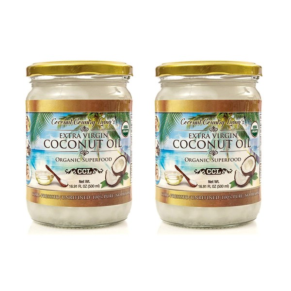 Organic Coconut Oil, Extra Virgin Unrefined Cold-Pressed, 2 Pack of 16.91 oz for Cooking, Hair and Skin Lotion