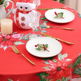 homing Christmas Round Tablecloth – Red Poinsettia Flower Holly Holiday Wrinkle Resistant Spillproof Easy Care Table Cloth for Party and Family Gatherings -60" Diameter