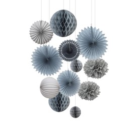 EASY JOY Party Tissue Paper Pom Poms Paper Fans Paper Lanterns Paper Honeycomb Balls Grey for Birthday Wedding Baby Shower Party Hanging Decorations(Grey)