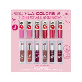 L.A. COLORS Set de Labiales Shiny All The Way, 6 Lipglosses y 6 Lipsticks, Larga Duración, Acabado Brillante, Con Vitamina E, Hidratante
