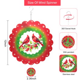 Cardinal Metal Wind Spinners, Cardinal Gifts for Christmas Women Mom Grandma Wife Men, 12 inch 3D Stainless Steel Hanging Wind Spinner for Outdoor Indoor Yard Art Garden Decorations