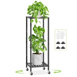 iDavosic.ly 2 Tier Indoor Plant Stand with Wheels, 11 Inch Wide Metal Plant Stand Outdoor for Large Plants, 33 Inch Tall Corner Small Flower Holder Shelf for Patio Garden Window Balcony, Black