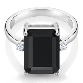 Gem Stone King 6.68 Cttw Black Onyx and White Created Sapphire Ring For Women | 925 Sterling Silver | Emerald Cut 14x10MM | Gemstone December Birthstone | Available In Size 5, 6, 7, 8, 9