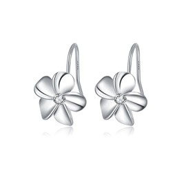 Reffeer Solid 925 Sterling Silver Hawaiian Plumeria Flower Drop Earrings for Women Teen Girls CZ Flower Drop Earrings Dangle (A-Silver)