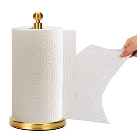 Gold Paper Towel Holder Countertop, Standing Paper Towel Roll Holder for Kitchen Bathroom, with Weighted Base for One-Handed Operation (Stainless Steel Base, Gold)