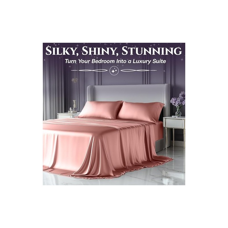 SLEEP SANCTUARY Satin Sheets King Size – 4 Piece Luxury