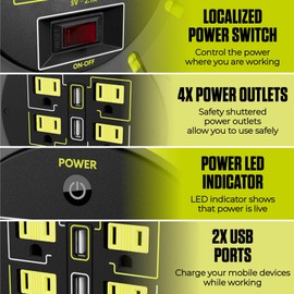 Masterplug 50ft Cord Reel, Retractable Extension Lead with Winding Handle, Safety Overload Circuit Breaker and Power Switch, 4X Grounded Outlets, 2X USB Ports, 13amps, 14AWG Cable