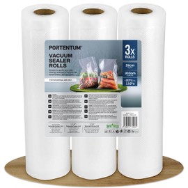 PORTENTUM Vacuum Rolls 3 Rolls 28 cm x 300 cm (9 m) Vacuum Film - Professional Vacuum Bags for Vacuum Sealer & Food Vacuum Sealer, Boil-Proof and Sous Vide Freezer Bags, BPA-Free and LFGB