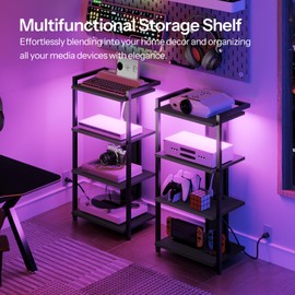 HOOBRO 4-Tier AV Media Console With Charging Station and LED Light, Wooden Stereo Cabinet, Corner TV Stand, Record Player, Entertainment Device, Black BB38UDCJ01