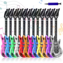 Tczecoo Pack of 12 Inflatable Guitar, Colourful Air Guitar, 12 Colours, Air Guitar, Air Guitars for Inflating, Guitar Inflatable with Pump for Theme Parties, Rock Party Decoration, 89 cm