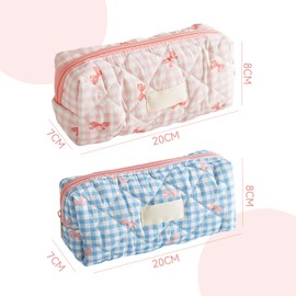 2 Bow Plaid Pen Bags, Portable Storage Bags, Cute Pencil Bags, Stationery, Cosmetic Organising Tools