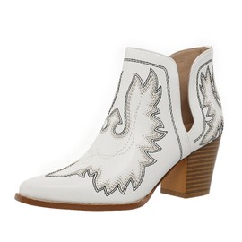 SelRoys Cowboy Boots for Women Cowgirl Ankle Western Embroidered Stitched Pointed Toe Cutout Chunky Heels Short Booties Red Brown Black US5-11, white, 8