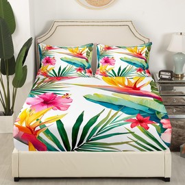 Erosebridal Tropical Tree Plant Fitted Sheet Queen Size for Kids Girls Women, Watercolor Red Hibiscus Flower Pattern Printed Bed Sheet Set,Palm Leaves Bedding Sets with 2 Pillow Cases,Soft,Green Pink